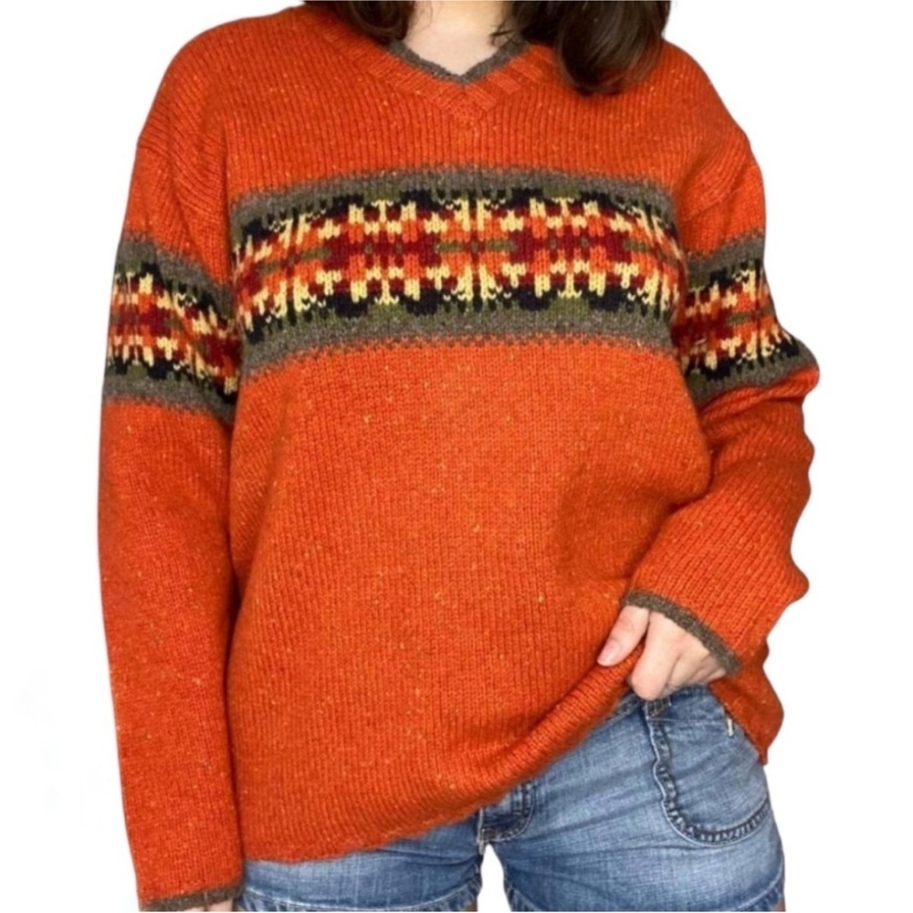 Eddie Bauer women’s Vintage V-Neck Wool Nordic Pullover Sweater oversized Medium